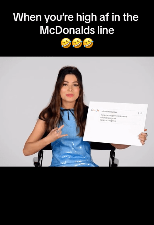 miranda cosgrove in a blue dress below a caption reading "when you're high AF in the McDonalds line"