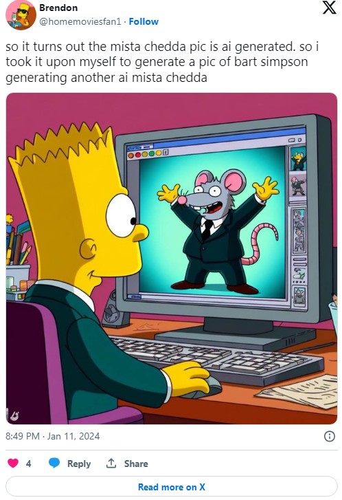 tweet that reads "so it turns out the mista chedda pic is ai generated. so i took it upon myself to generate a pic of bart simpson generating another ai mista chedda"