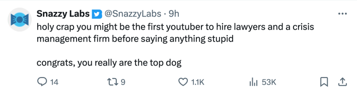 Tweet that reads, "holy crap you might be the first youtuber to hire lawyers and a crisis management firm before saying anything stupid congrats, you really are the top dog"