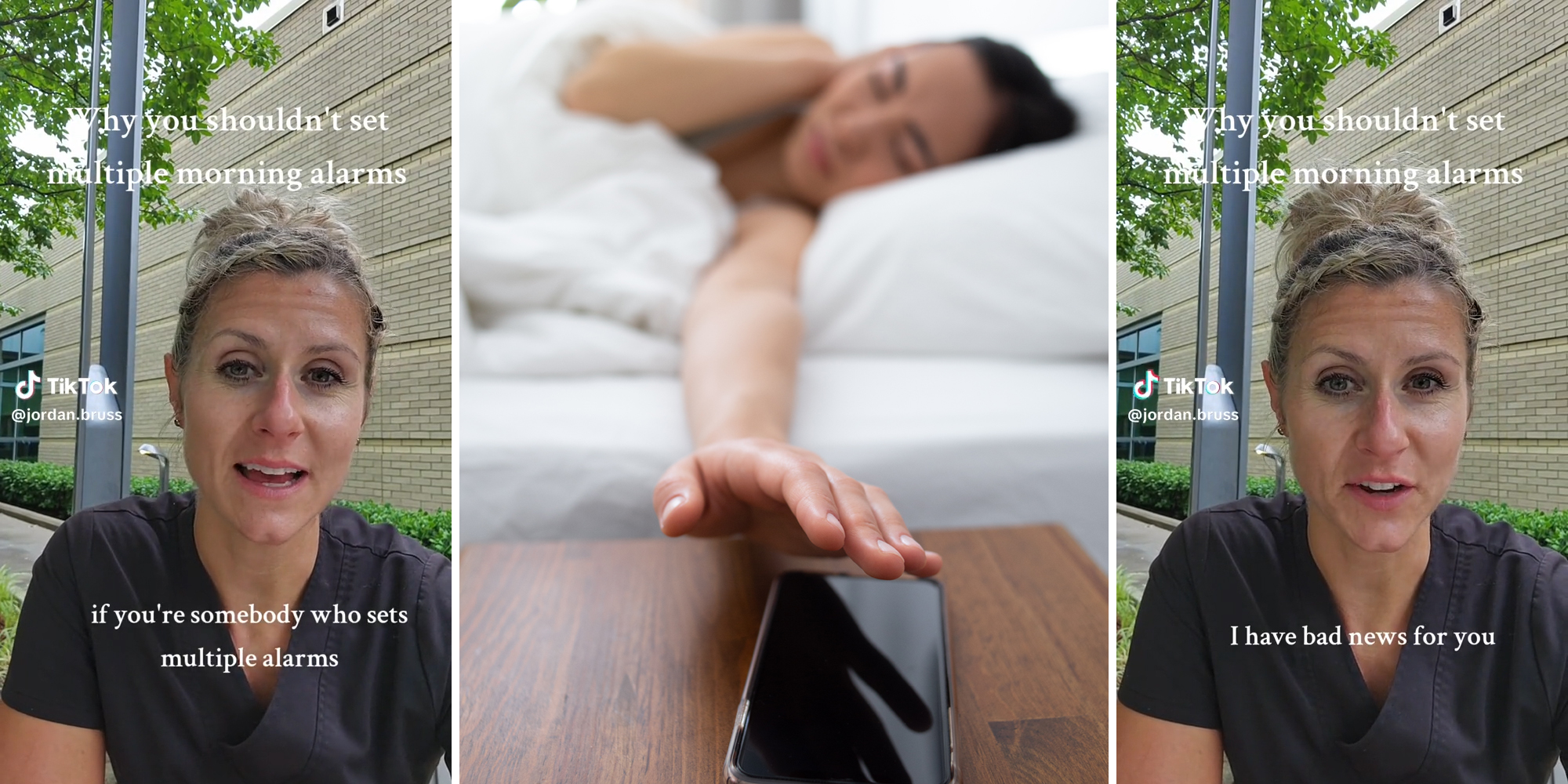woman in scrubs with caption "Why you shouldn't set multiple morning alarms" (l&r) woman reaching for phone from bed (c)
