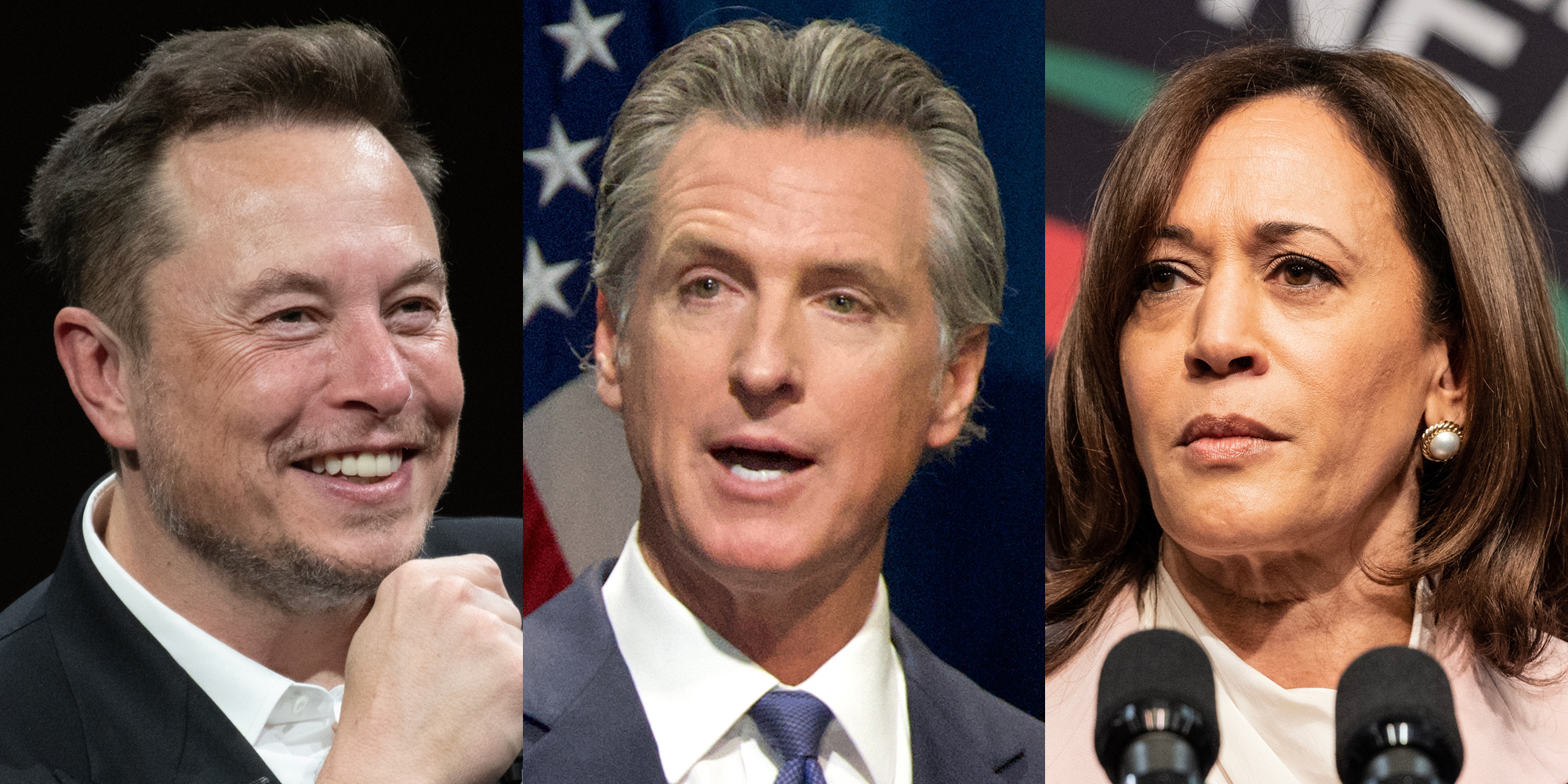 elon musk (l) gavin newsom (c) kamala harris (r)