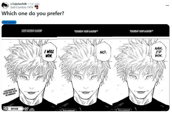 Comparison of three translations of Satoru Gojo with one saying "nah, I'd win."