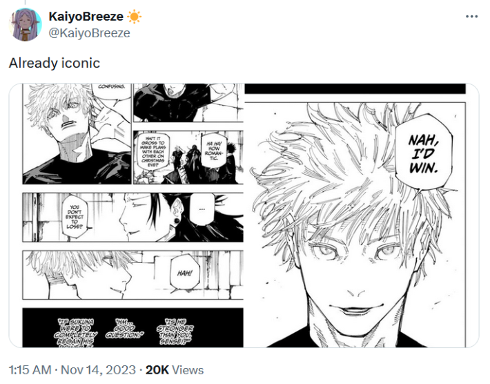 Tweet showing panels from Jujutsu Kaisen including the one with "nah I'd win" below a caption reading "already iconic"