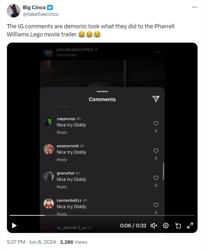 Screenshot of an Apple Intelligence ad with all of the comments saying, "Nice try Diddy."