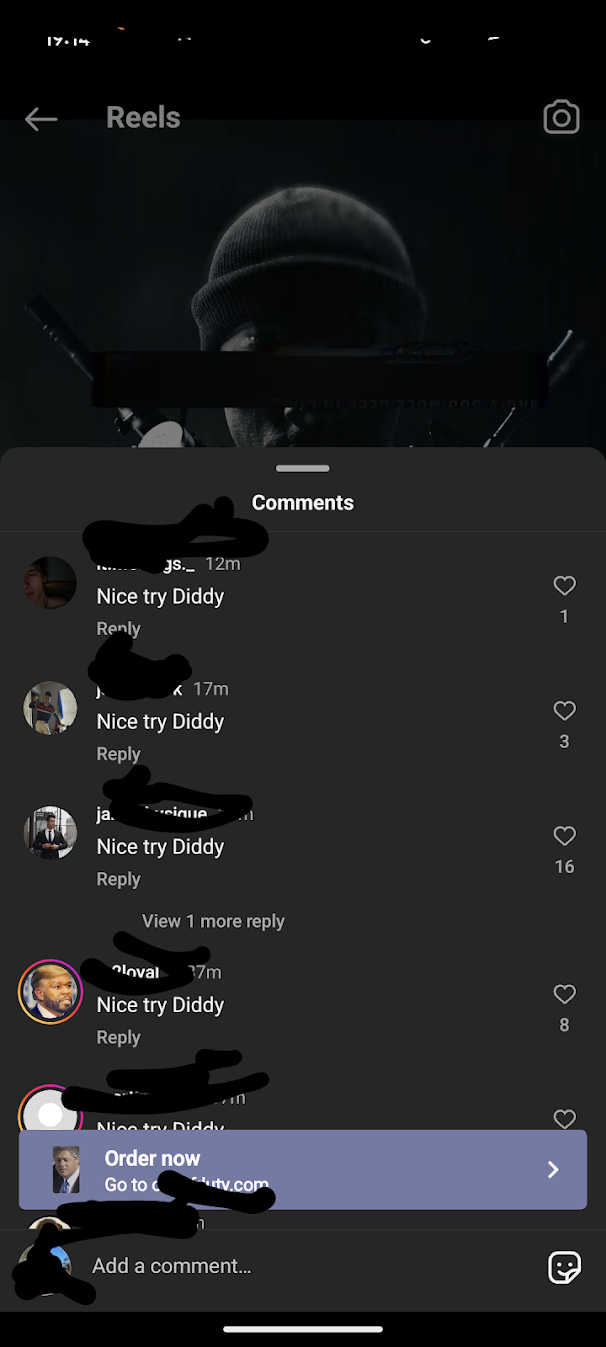 Screenshot of a Call of Duty ad on Instagram with all of the comments saying, "Nice try Diddy."