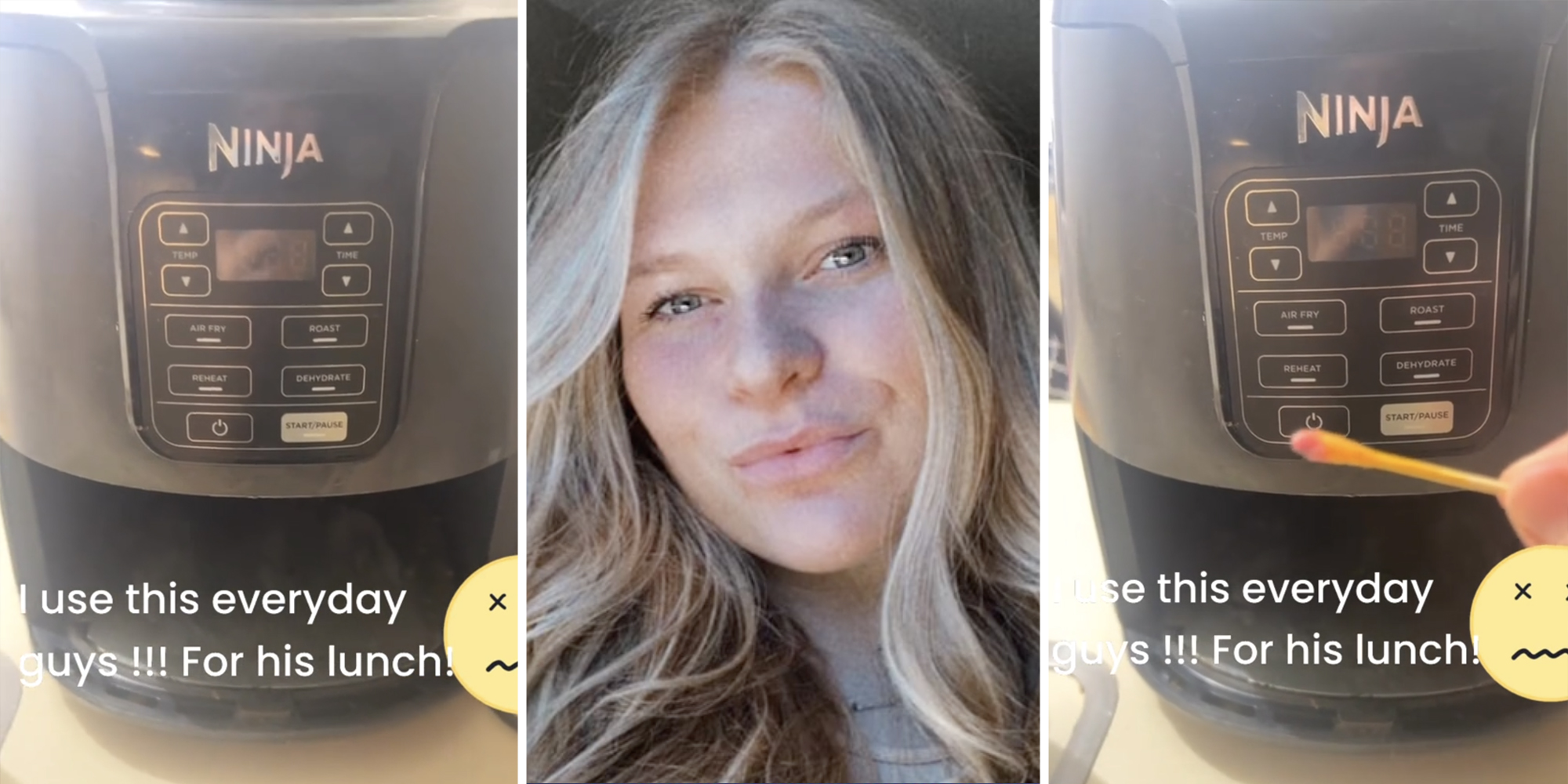 Air fryer(l+r), Woman smiling(c)