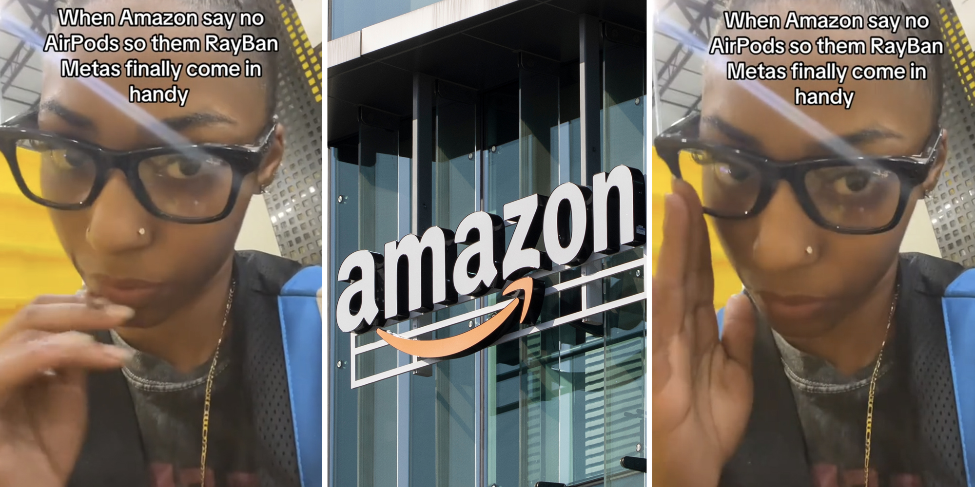 Woman with Rayban Metas(l+r), Amazon logo(c)