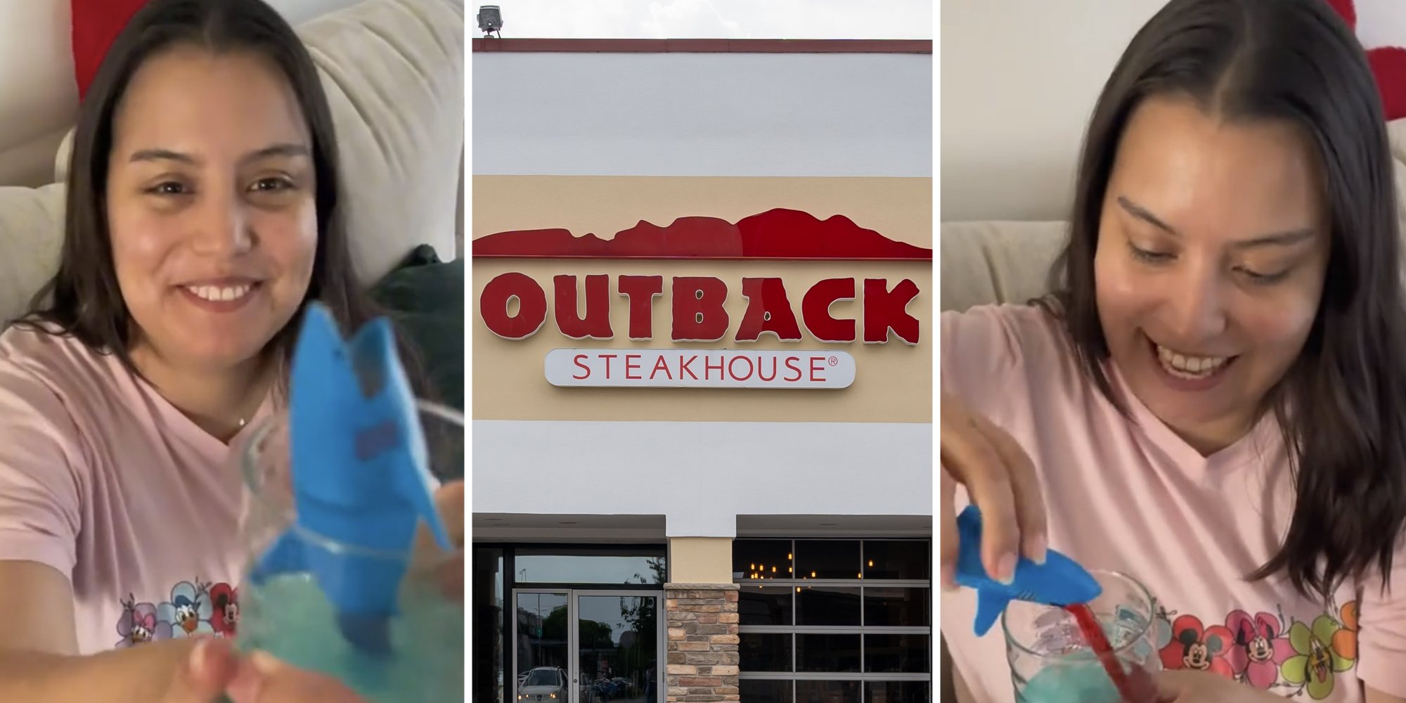 Woman with shark drink(l+r), Outback Steakhouse(c)