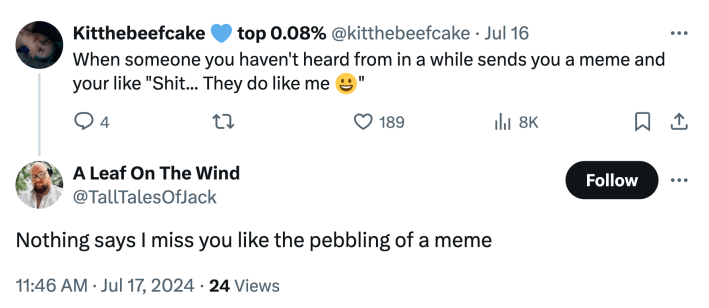 Screenshot of a tweet. Text from @kitthebeefcake reads, "When someone you haven't heard from in a while sends you a meme and your like 'Shit... They do like me :)'" And @TallTalesOfJack replied, "Nothing says I miss you like the pebbling of a meme"
