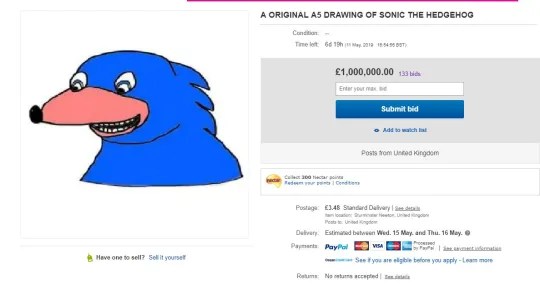 PewDiePie's doodle of Ugly Sonic on eBay with a £1 million bid
