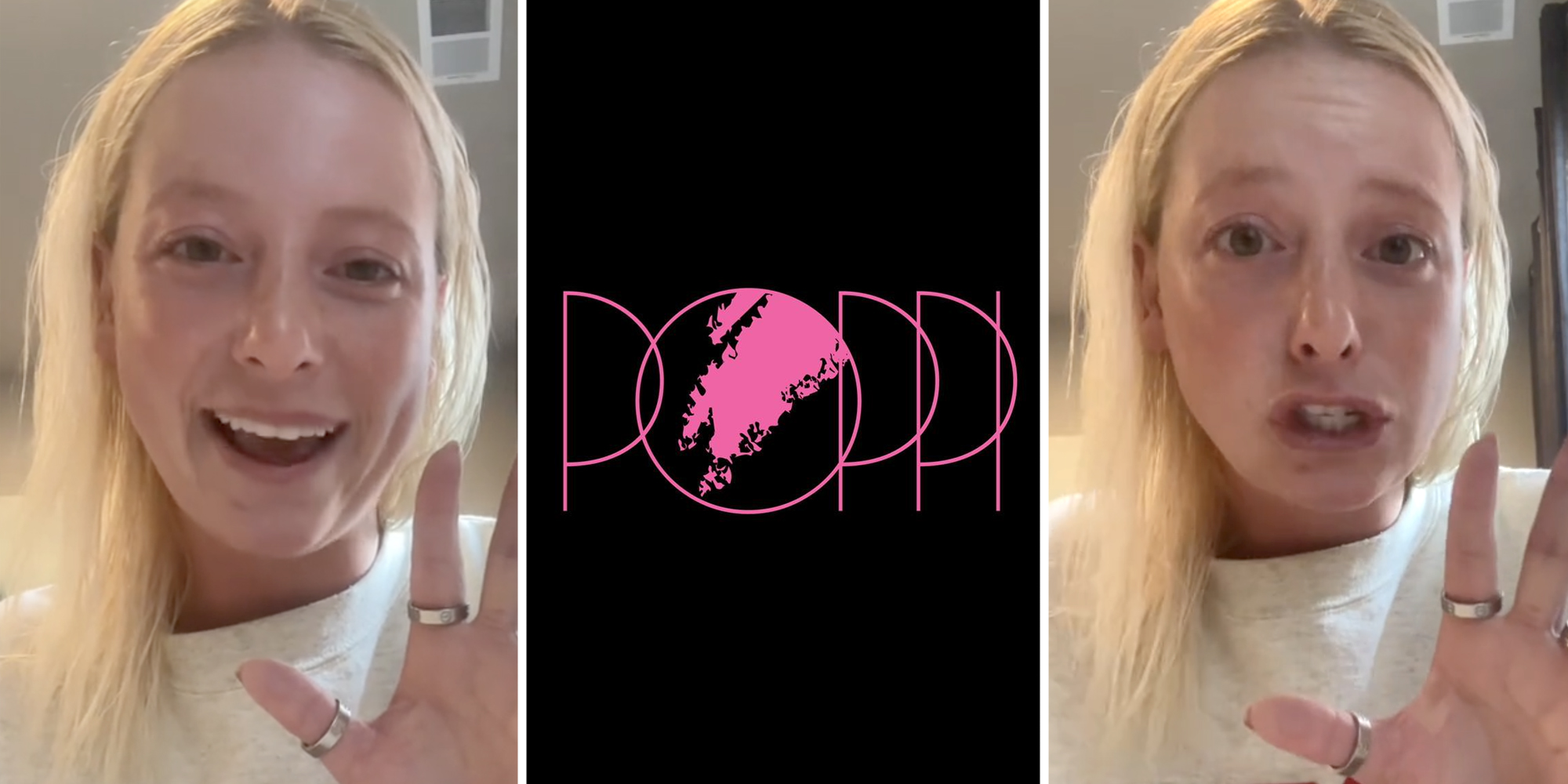 Woman talking(l+r), Poppi Cosmetic logo(c)