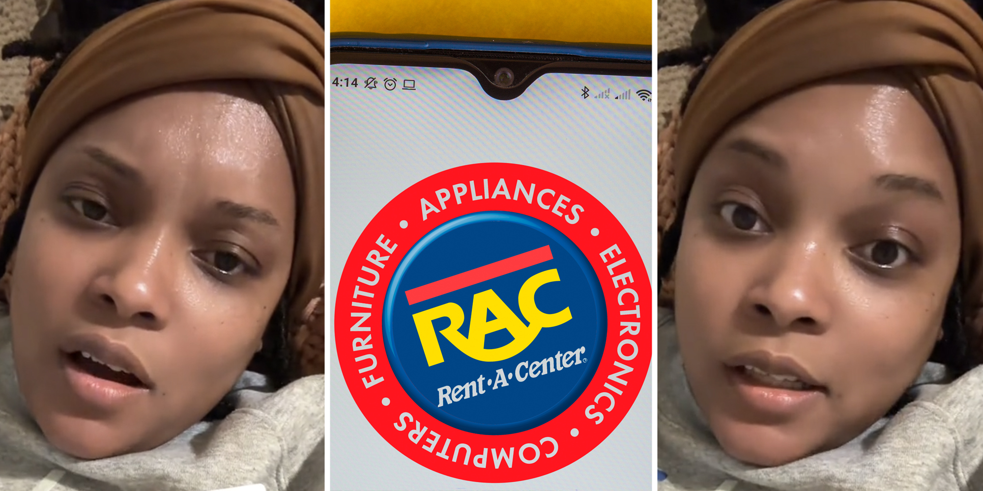 Woman talking(L+r), Rent a center logo(c)