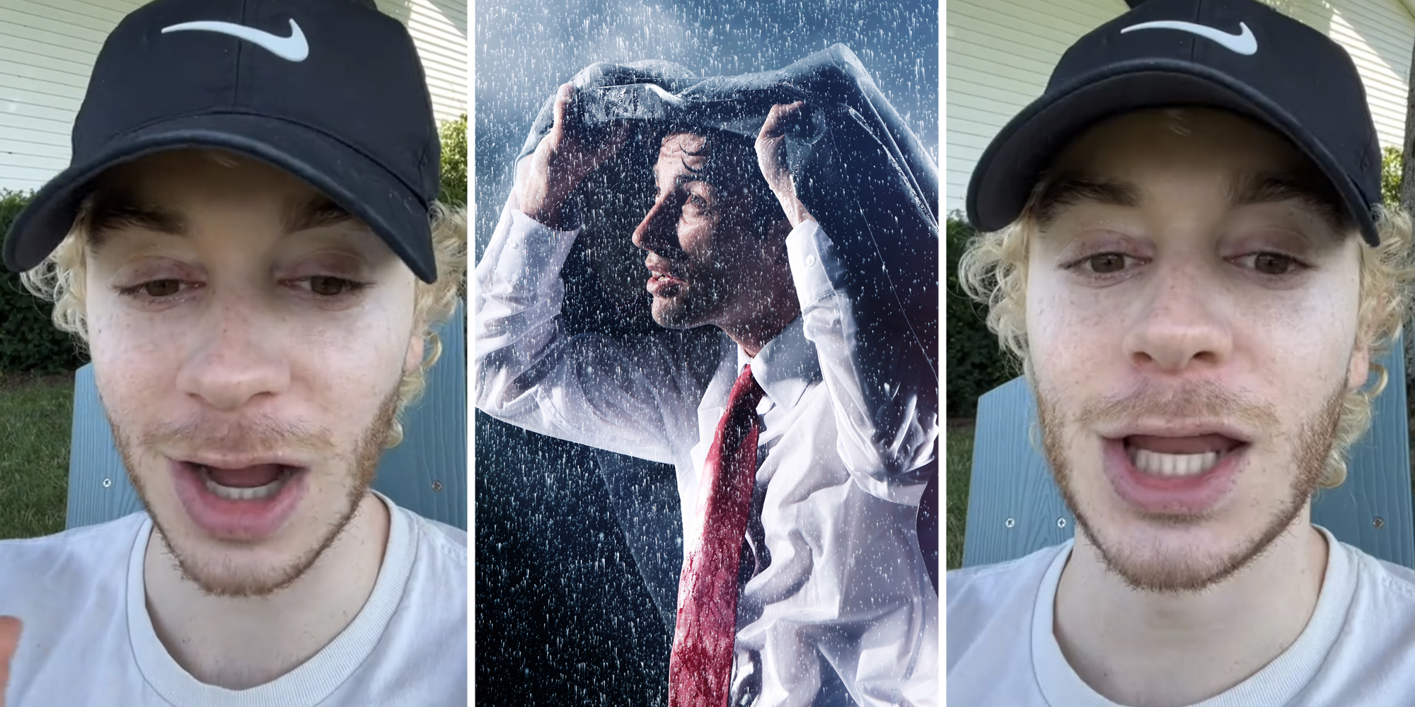 Man talking(l+r), Man walking in rain(c)