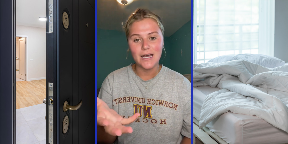 door open (l) woman speaking (c) messy bed (r)