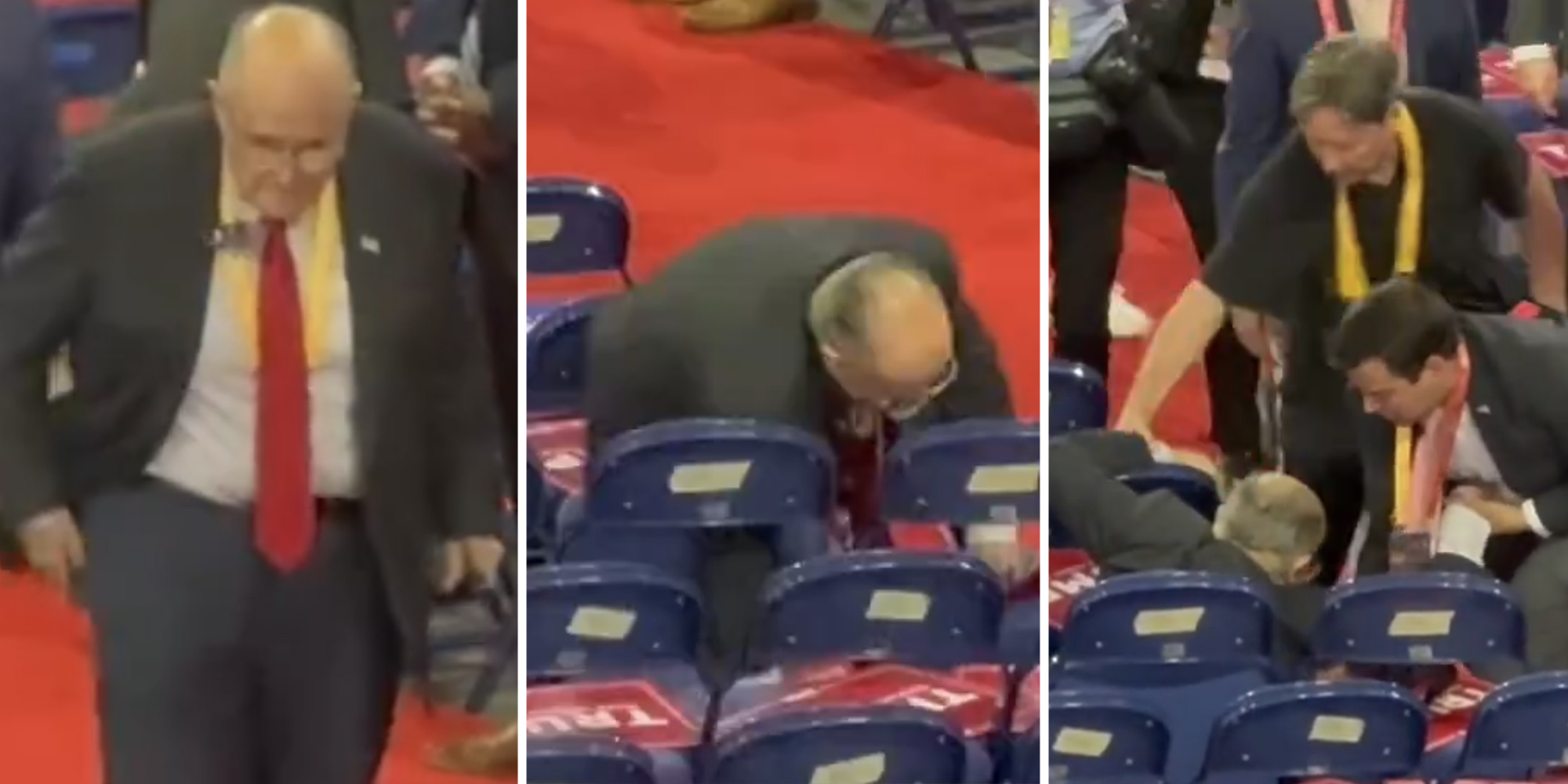 Rudy Giuliani walking(l), Rudy falling(c), Rudy getting helped up(r)
