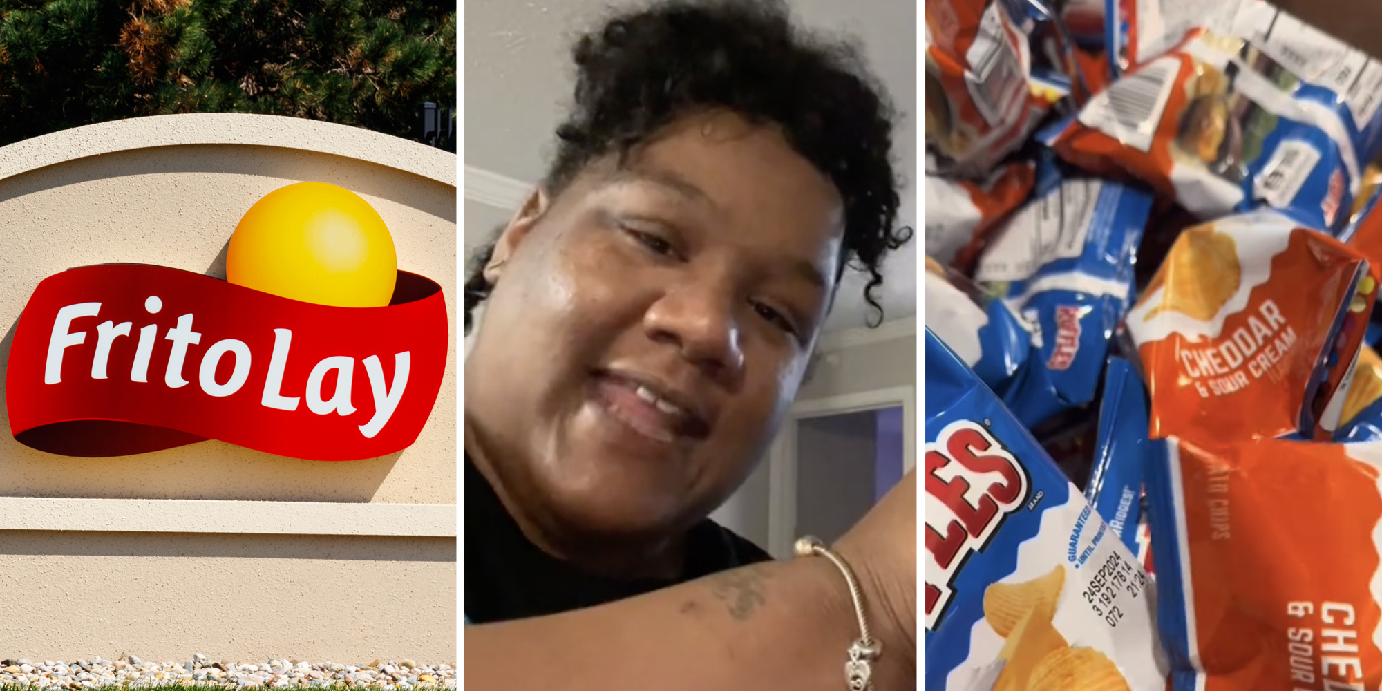 Frito Lay sign(l), Woman talking(c), Ruffles chips(
