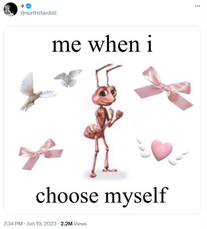 Happy sad ant with bindle meme reading "me when i choose myself."