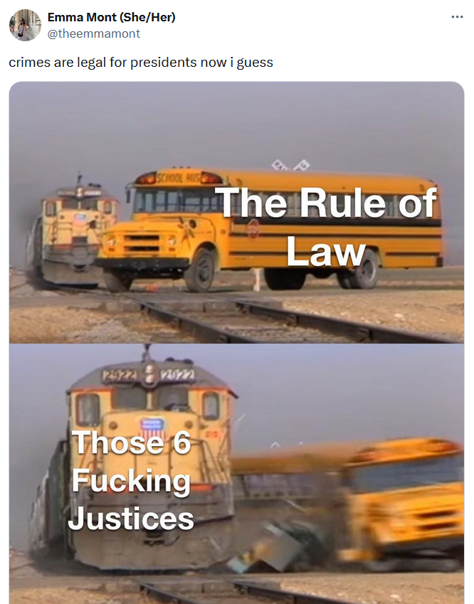 scotus meme with train crashing through  schoolbus