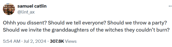 scotus meme reading: Ohhh you dissent? should we tell everyone? should we throw a party? Should we invite the granddaughters of the witches they couldn't burn?
