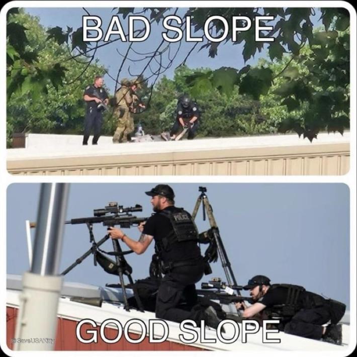 Sloped roof meme reading "bad slope, good slope."