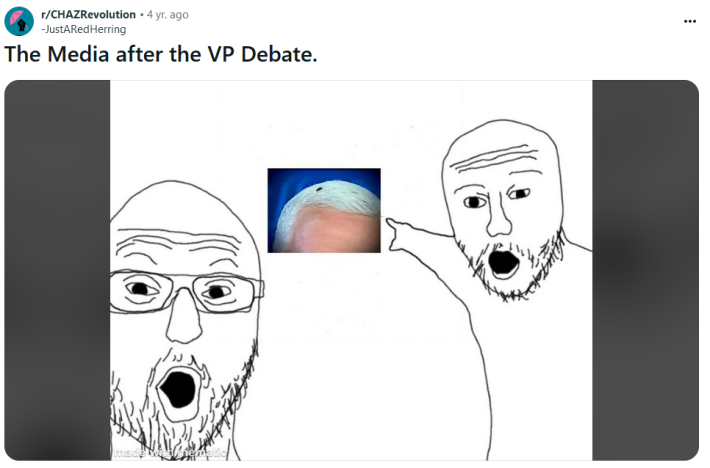 Two soyjaks pointing to the fly on Mike Pence's head.