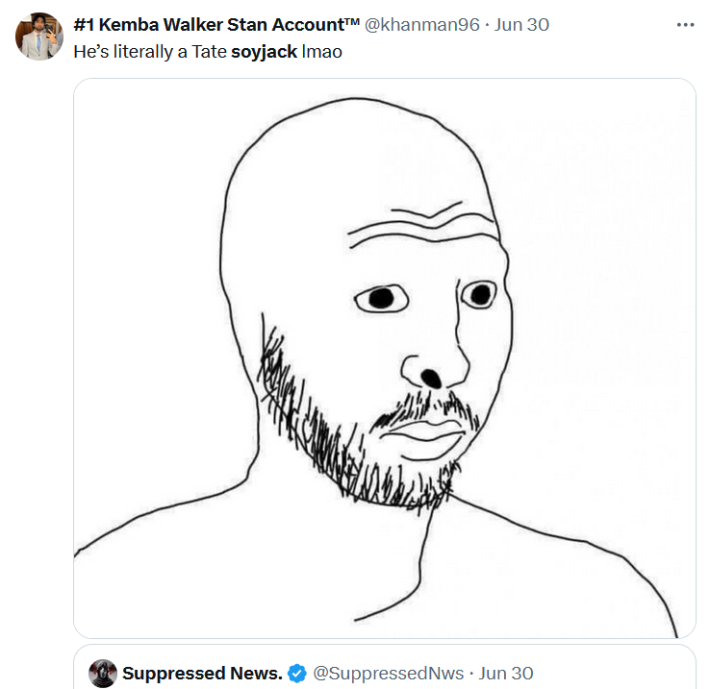 Soyjak meme drawn to resemble Andrew Tate.