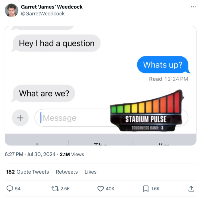Screenshot of a text conversation asking "What are we?" with the stadium pulse meter in the bottom right corner.
