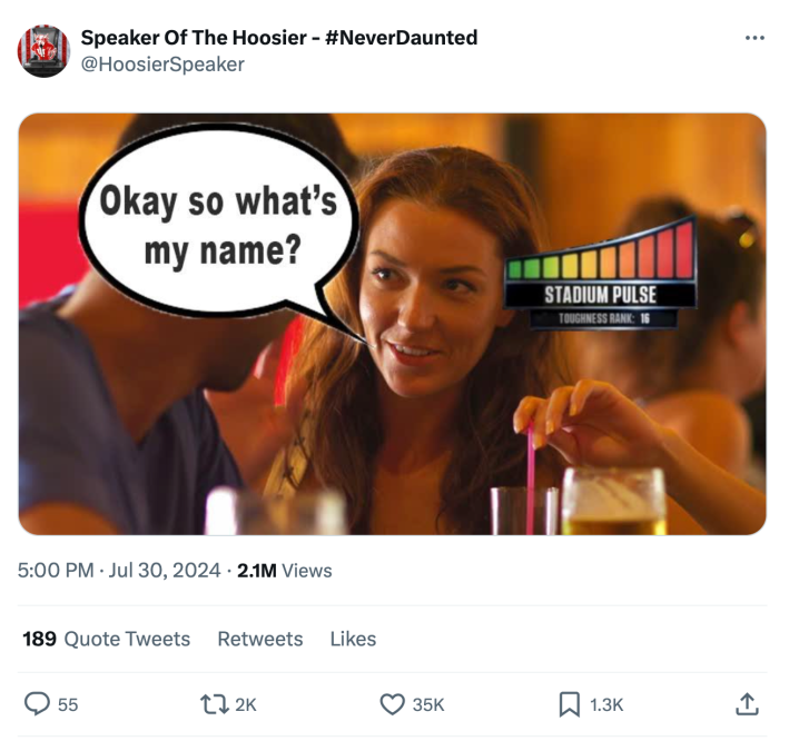 Photo of a woman talking to a man at a bar. A speech bubble covers up his face that reads, "Okay so what's my name?" A stadium pulse meter is in the upper right corner of the photo.