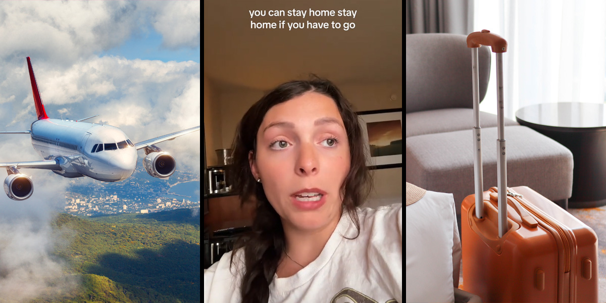 plane in sky (l) woman speaking with caption "you can stay home stay home if you have to go" (c) luggage in hotel room (r)