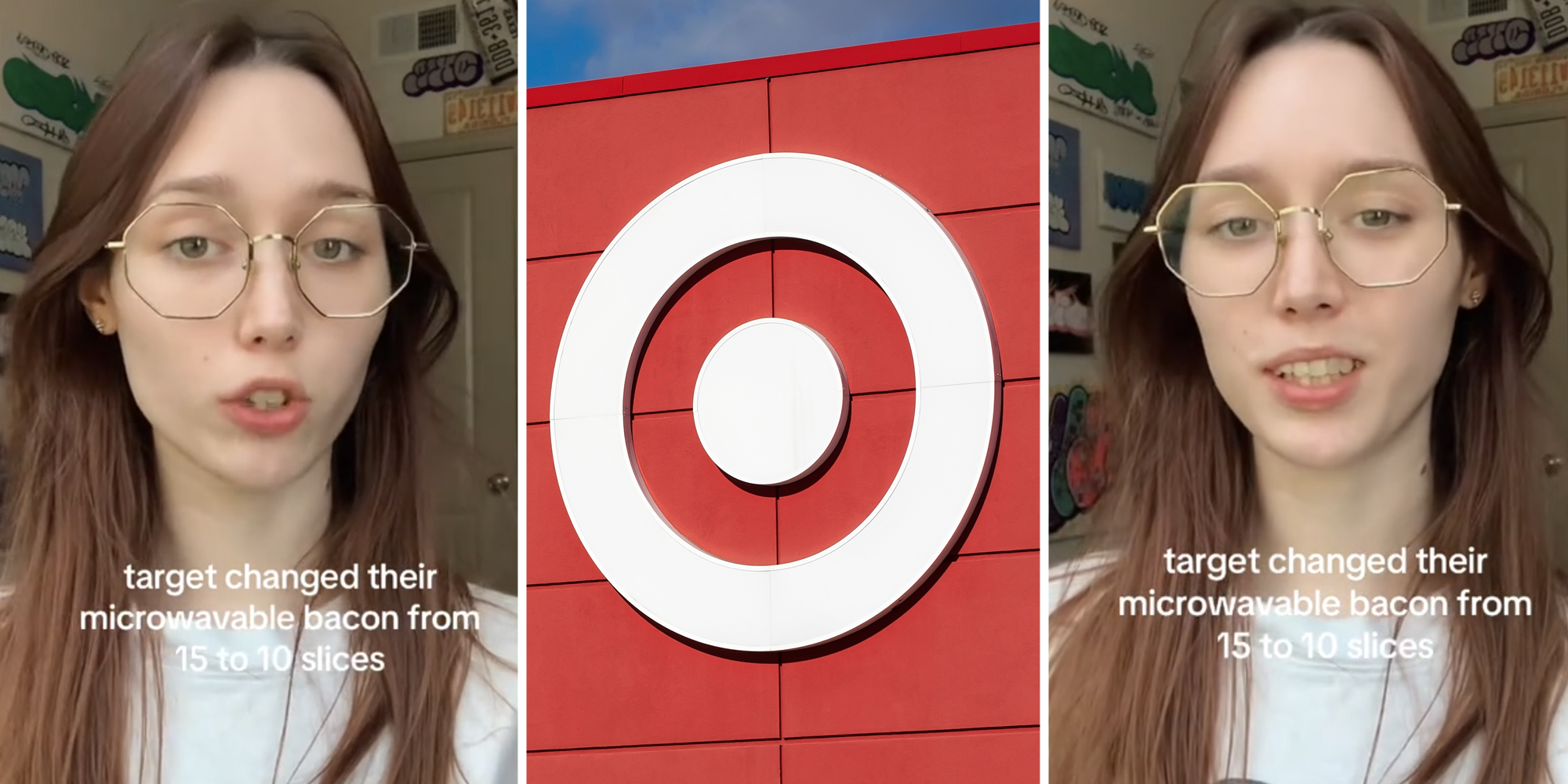 Woman talking(L+r), Target logo(c)