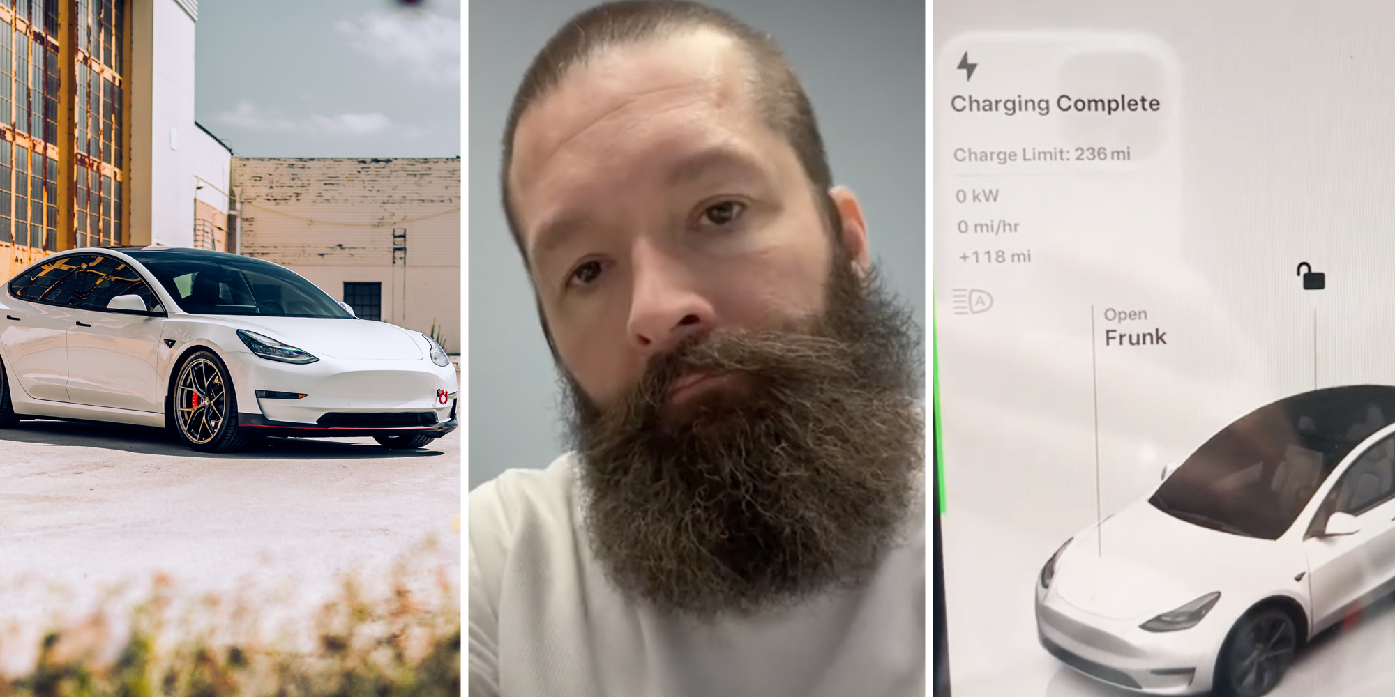 Telsa car(l), Man looking at camera(c), Tesla charging screen(r)