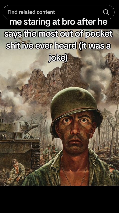 thousand yard stare meme that reads "me staring at bro after he says the most out of pocket shit ive ever heard (it was a joke)"