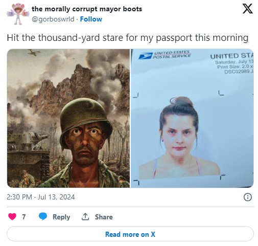 thousand yard stare meme tweet that reads "Hit the thousand-yard stare for my passport this morning"