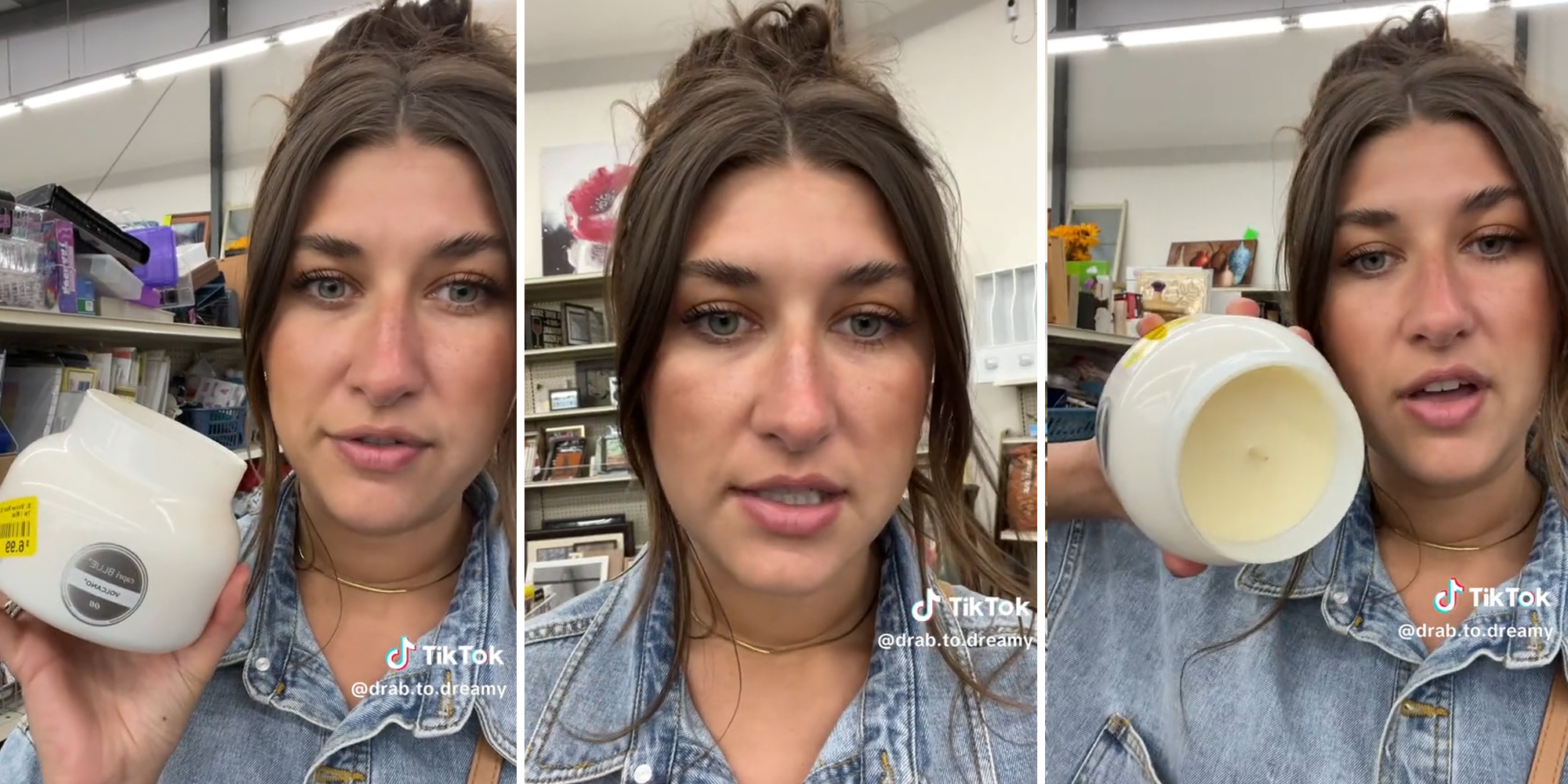 young woman in thrift store with candle