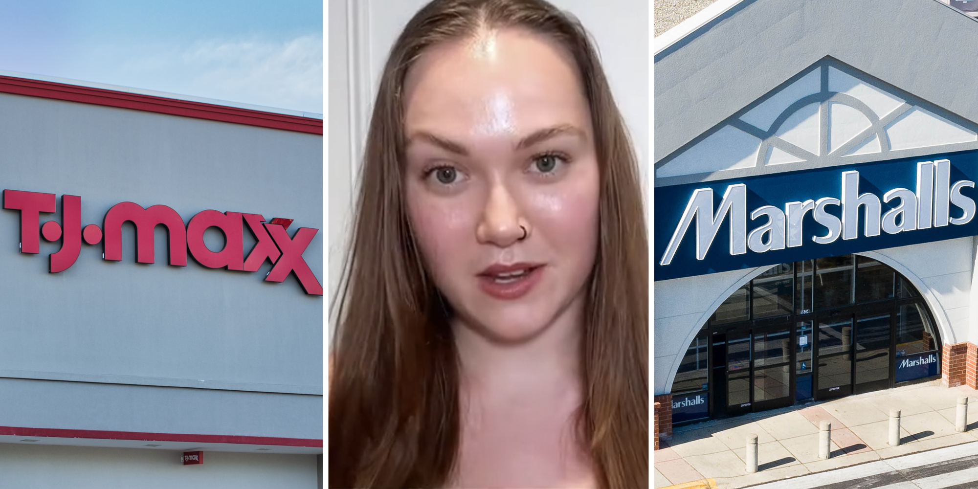 Tj Maxx(l), Woman talking(c), Marshalls(r)