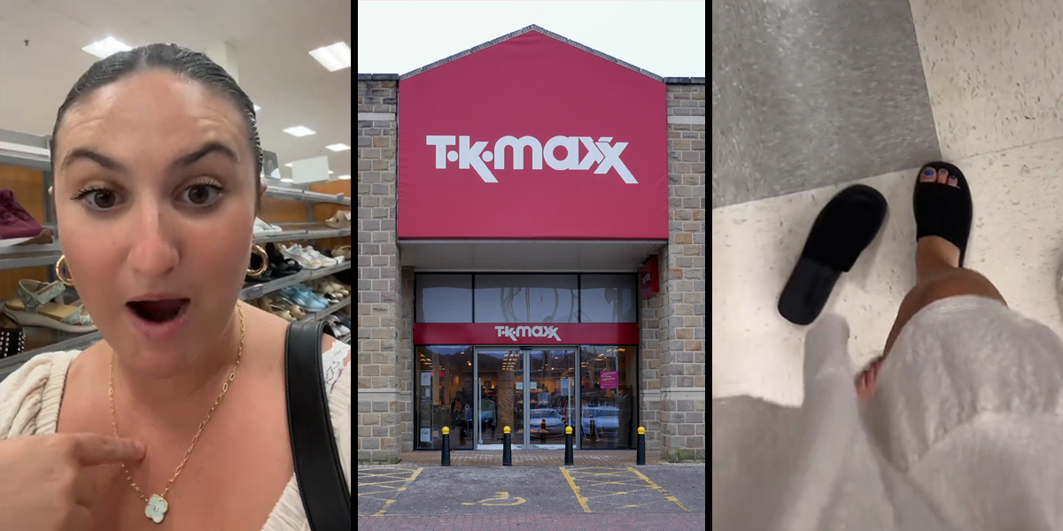 woman speaking in store (l) TJ MAXX store (c) woman putting sandals on (r)