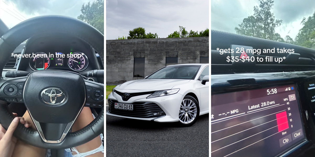 car interior with caption "*never been in the shop*" (l) Toyota Camry (c) car interior with caption "*gets 28 mpg and takes $35-$40 to fill up*" (r)