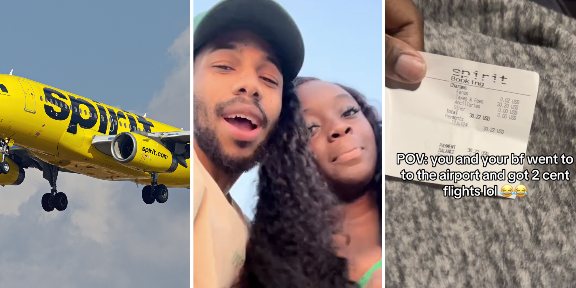 Spirit airplane(l), Couple together(c), airplane ticket(r)
