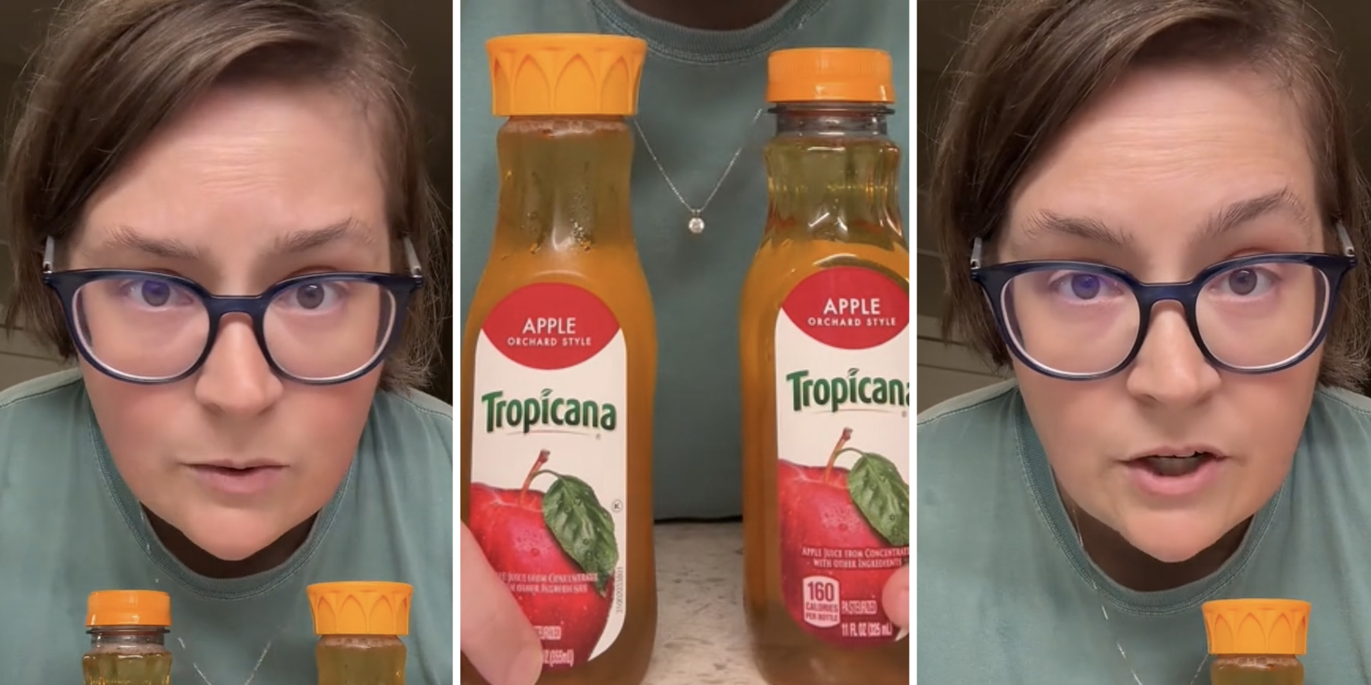 Woman talking(l+r), Two Tropicana apple juice(c)