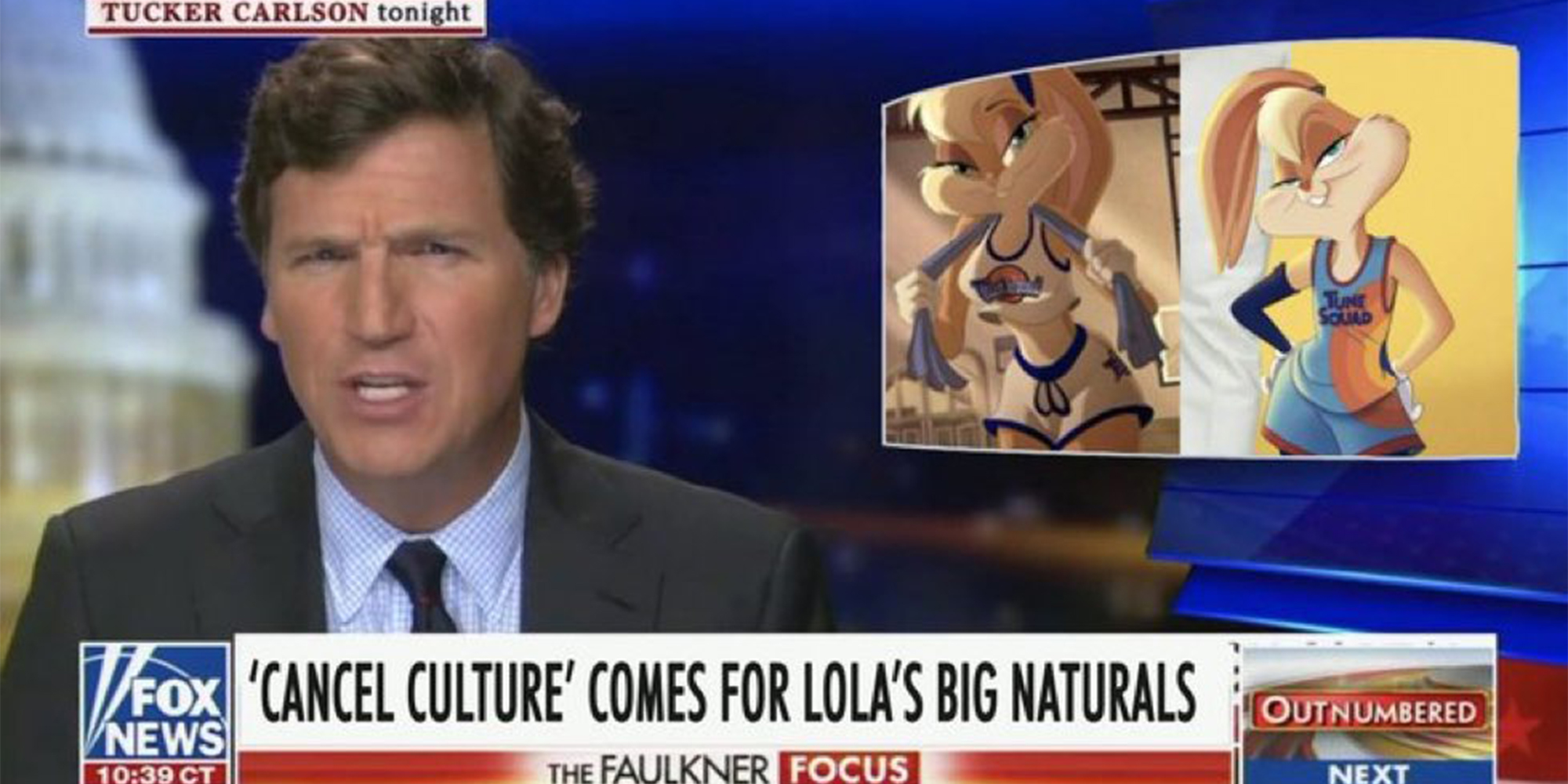tucker carlson with inset of cartoon rabbit, caption "'cancel culture' comes for lola's big naturals"