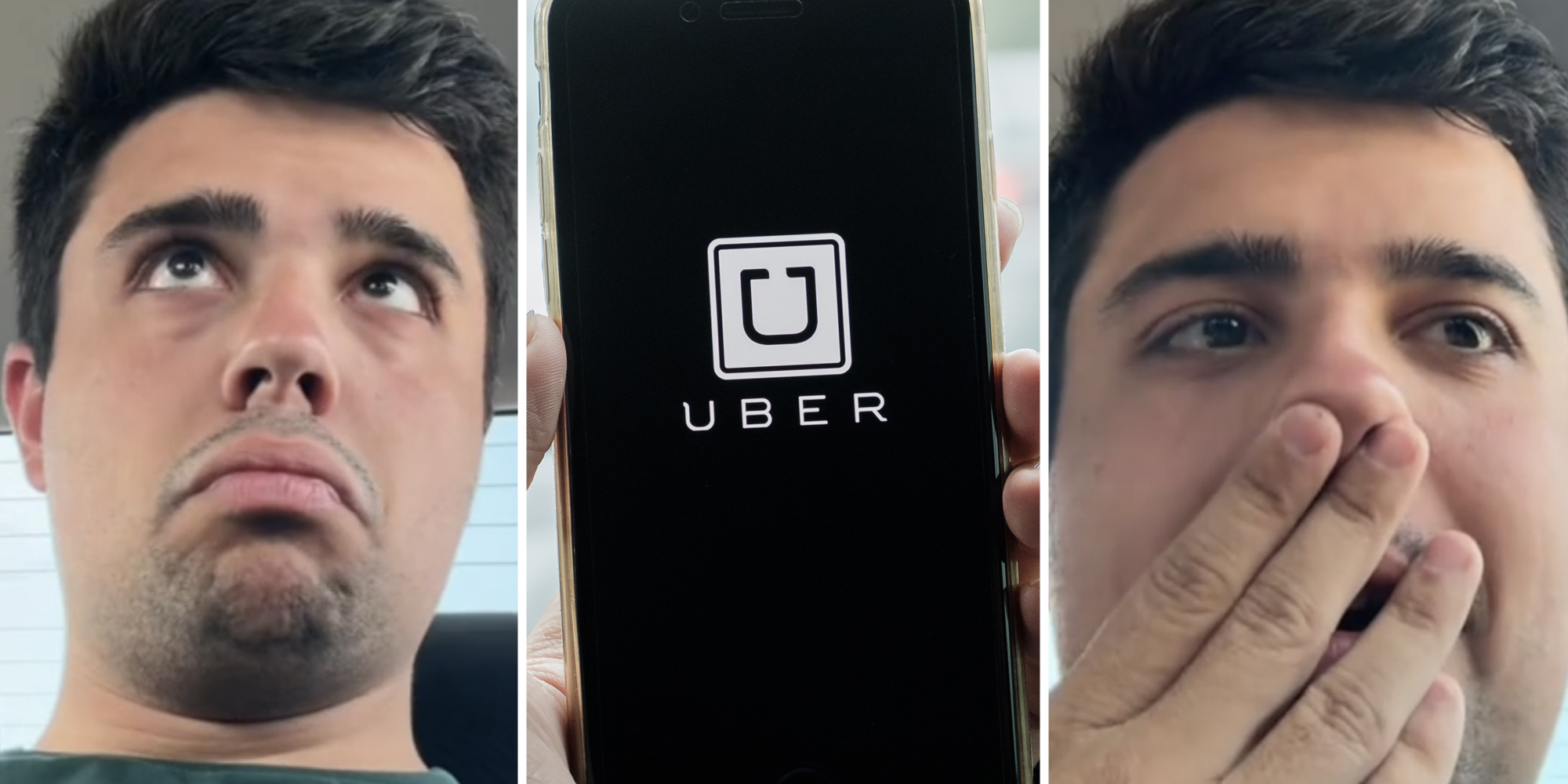 Man looking upset(l+r), uber app(c)