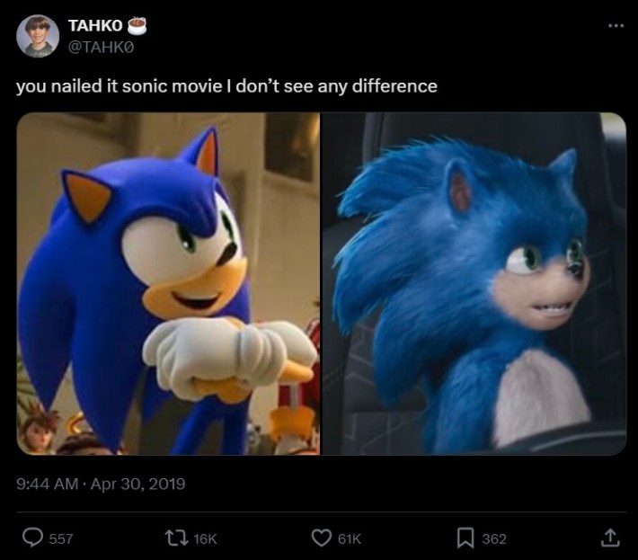 side by side of video game sonic and ugly sonic with caption "you nailed it sonic movie I don’t see any difference"
