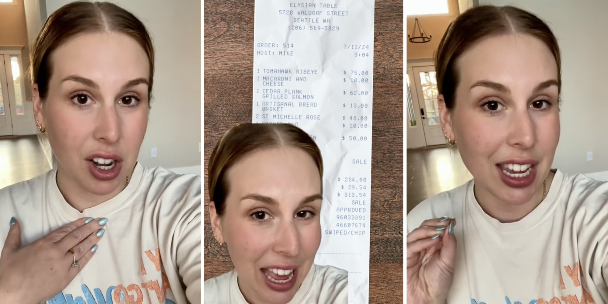 Woman talking(l+r), Woman with receipt(c)