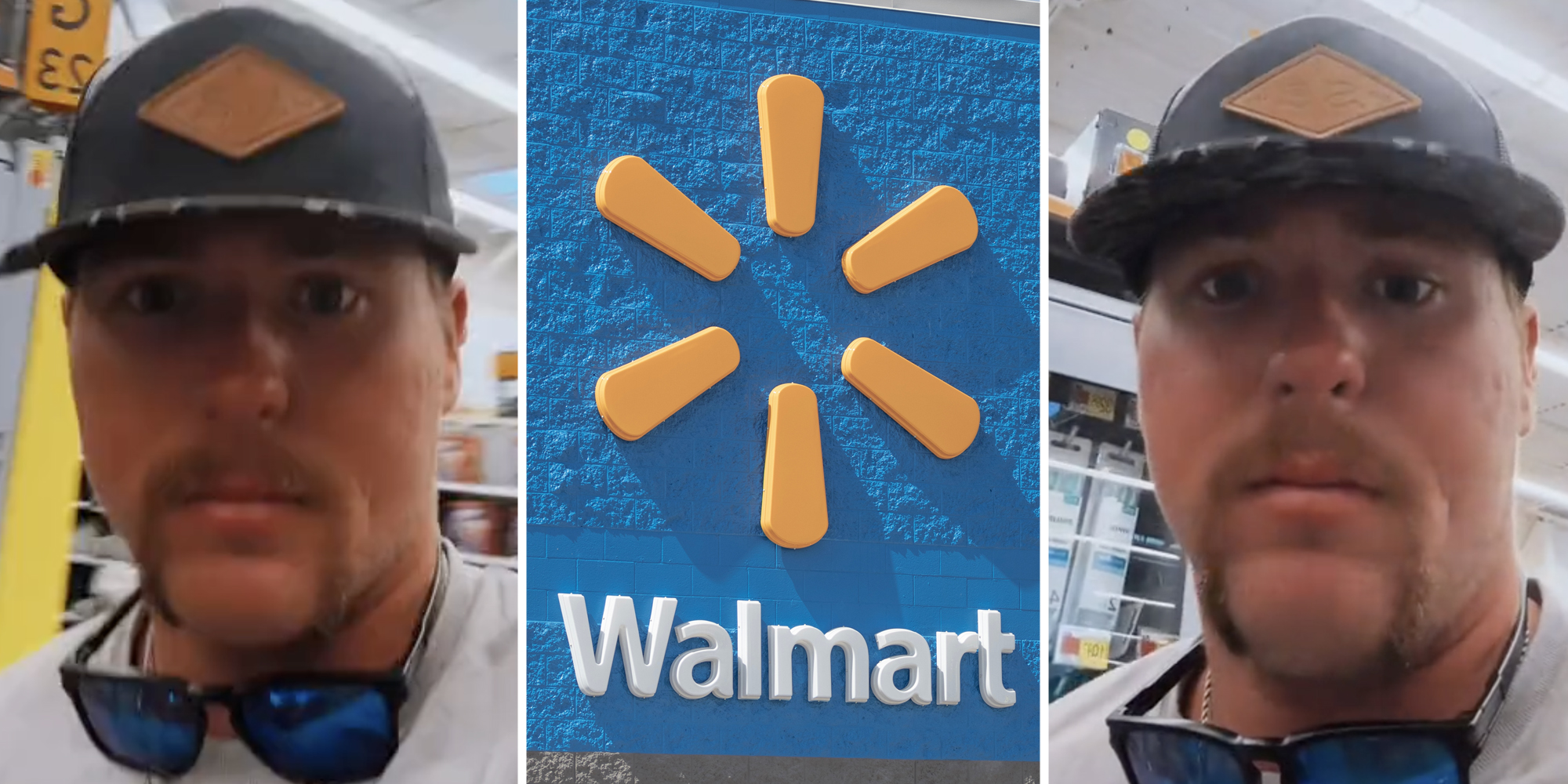 Man looking at camera(l+r), Walmart(c)