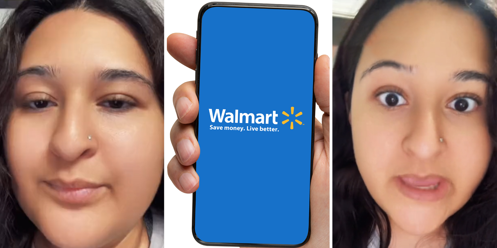 Woman talking(l+r), Walmart app on phone(c)