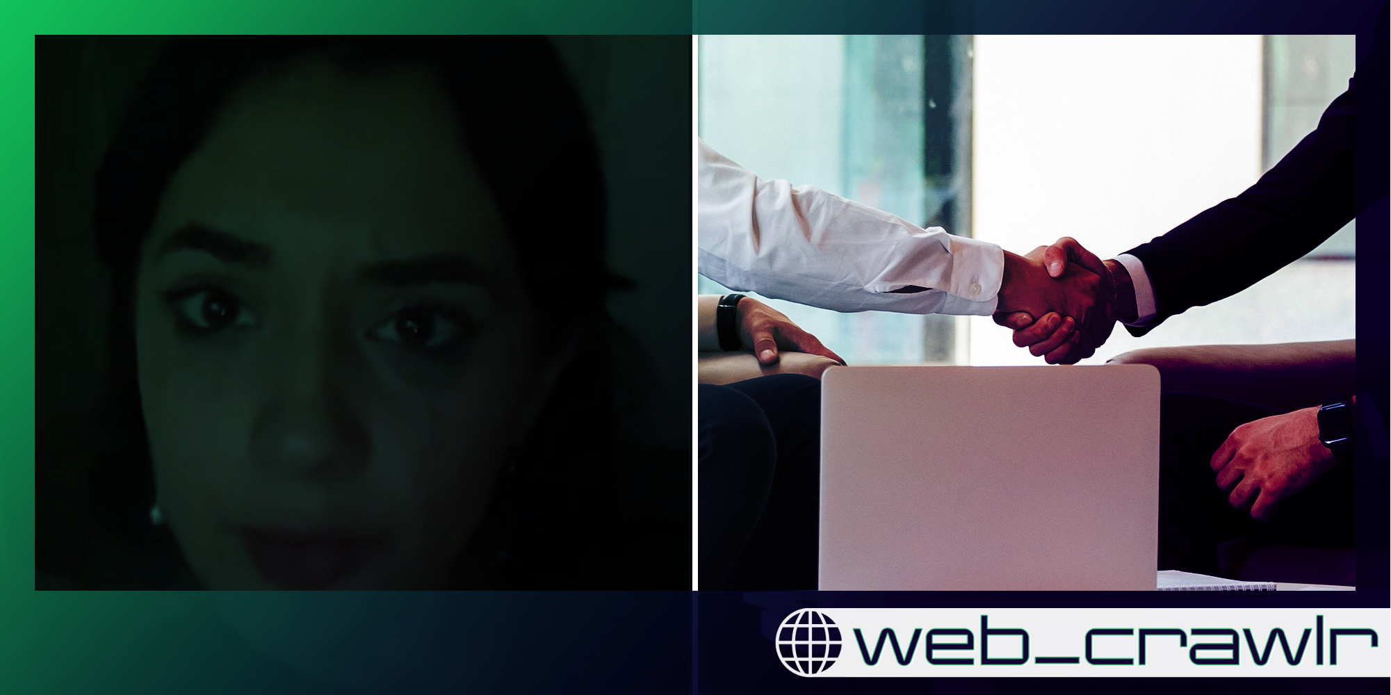 A woman crying in front of the camera and two people shaking hands. The Daily Dot newsletter web_crawlr logo is in the bottom right corner.