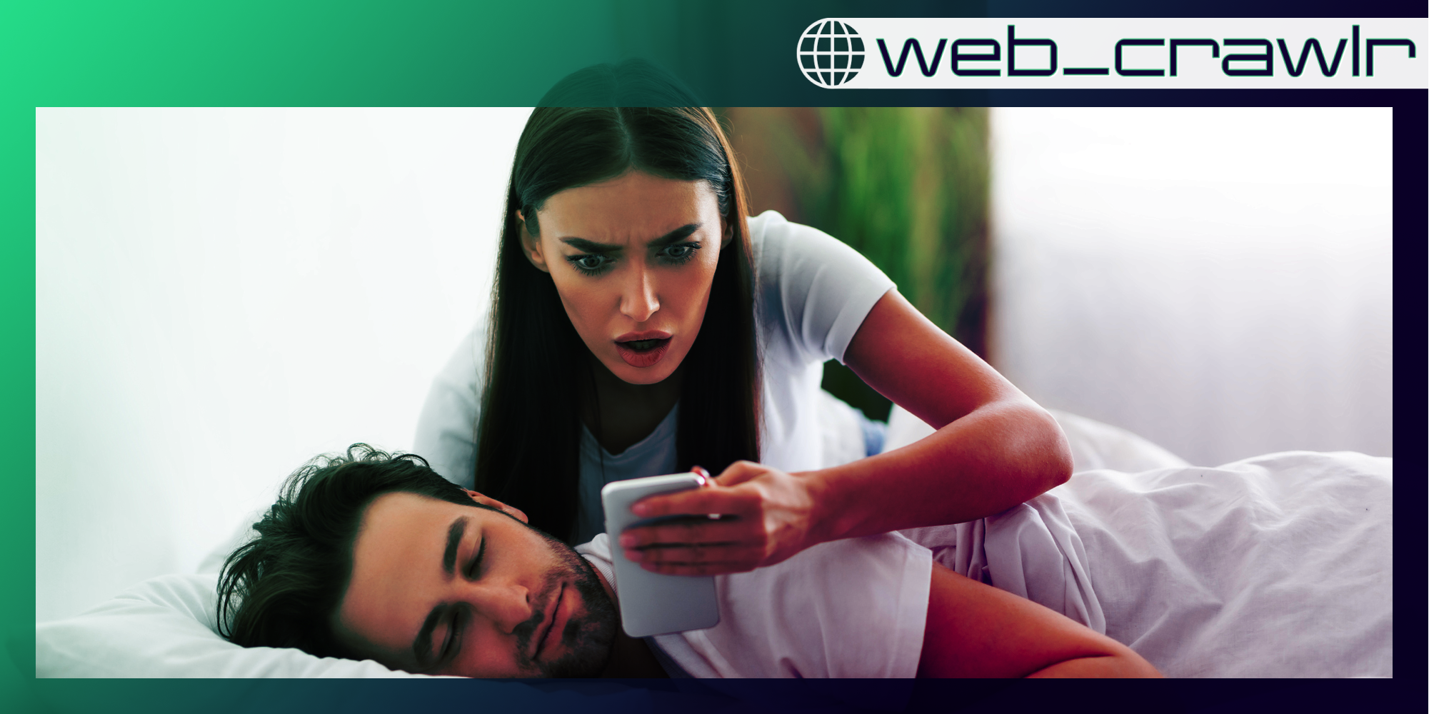 A woman looking shocked at a man's phone. The Daily Dot newsletter web_crawlr logo is in the top right corner.