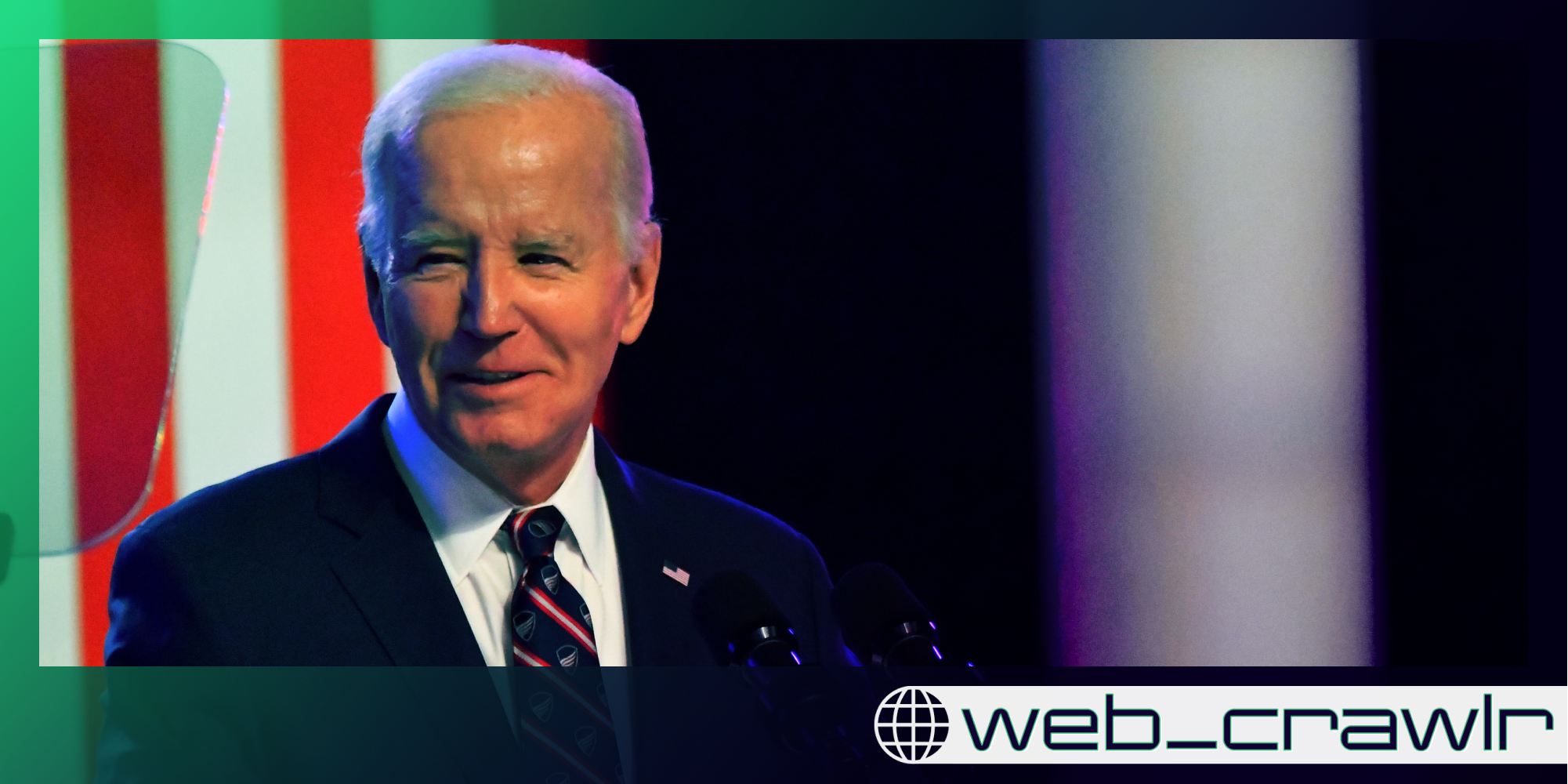 President Joe Biden smiling. The Daily Dot newsletter web_crawlr logo is in the bottom right corner.