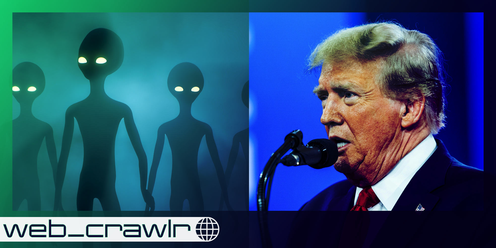 Three aliens next to Donald Trump. The Daily Dot newsletter web_crawlr logo is in the bottom left corner.