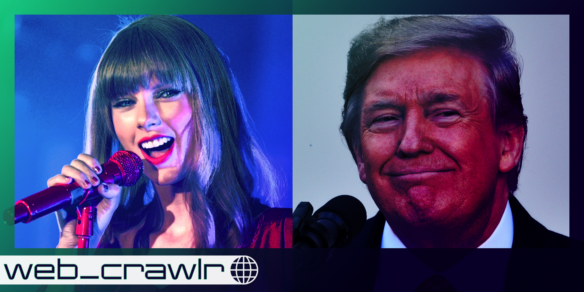 Taylor Swift and Donald Trump. The Daily Dot newsletter web_crawlr logo is in the bottom left corner.